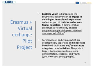 Erasmus +
Virtual
exchange
Pilot
Project
• Enabling youth in Europe and the
Southern Mediterranean to engage in
meaningful intercultural experiences
online, as part of their formal or non-
formal education. It defines Virtual
Exchange as “technology-enabled
people-to-people dialogues sustained
over a period of time”
• For individuals and groups which are
geographically separated and moderated
by trained facilitators and/or educators
using structured activities. The project
targets both academia (professors,
administrators, students) and youth
(youth workers, young people).
 