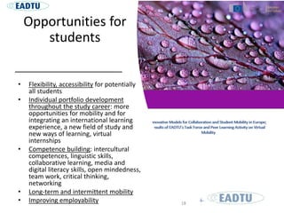 Opportunities for
students
• Flexibility, accessibility for potentially
all students
• Individual portfolio development
throughout the study career: more
opportunities for mobility and for
integrating an international learning
experience, a new field of study and
new ways of learning, virtual
internships
• Competence building: intercultural
competences, linguistic skills,
collaborative learning, media and
digital literacy skills, open mindedness,
team work, critical thinking,
networking
• Long-term and intermittent mobility
• Improving employability 18
 