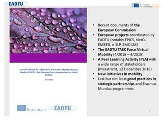 • Recent documents of the
European Commission
• European projects coordinated by
EADTU (notably EPICS, NetCu,
EMBED, e-SLP, EMC-LM)
• The EADTU TASK Force Virtual
Mobility (4/2018 – 4/2019)
• A Peer Learning Activity (PLA) with
a wide range of stakeholders
(Maastricht, 12 December 2018)
• New initiatives in mobility
• Last but not least good practices in
strategic partnerships and Erasmus
Mundus programmes
April 2019
 