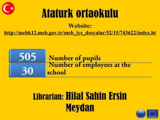 Number of pupils505
Number of employees at the
school30
Ataturk ortaokulu
Librarian: Hilal Sahin Ersin
Meydan
Website:
http://mebk12.meb.gov.tr/meb_iys_dosyalar/52/15/743622/index.ht
 