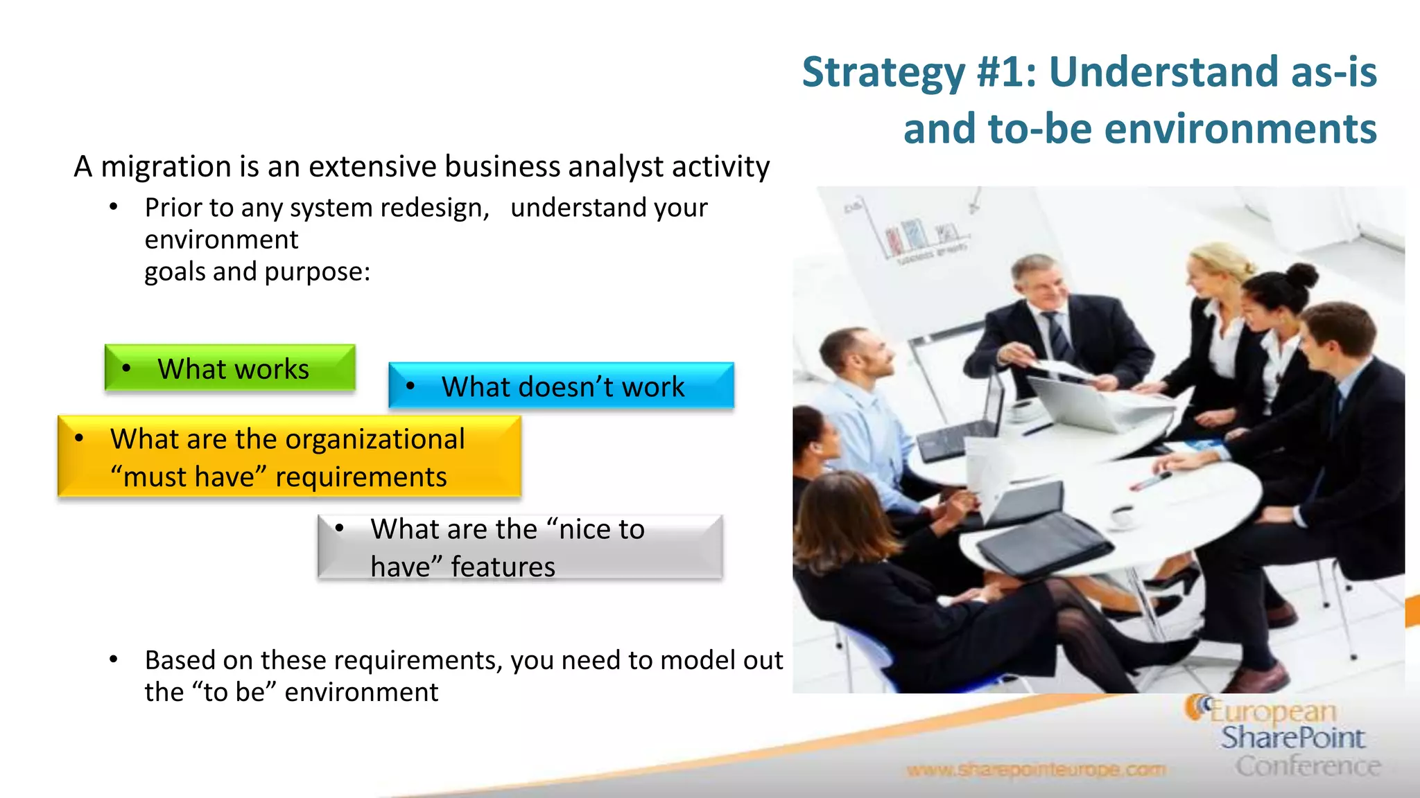 Strategy #1: Understand as-is
                                                              and to-be environments
A migration is an extensive business analyst activity
  • Prior to any system redesign, understand your
    environment
    goals and purpose:


   • What works
                         • What doesn’t work
• What are the organizational
  “must have” requirements
                   • What are the “nice to
                     have” features

  • Based on these requirements, you need to model out
    the “to be” environment
 