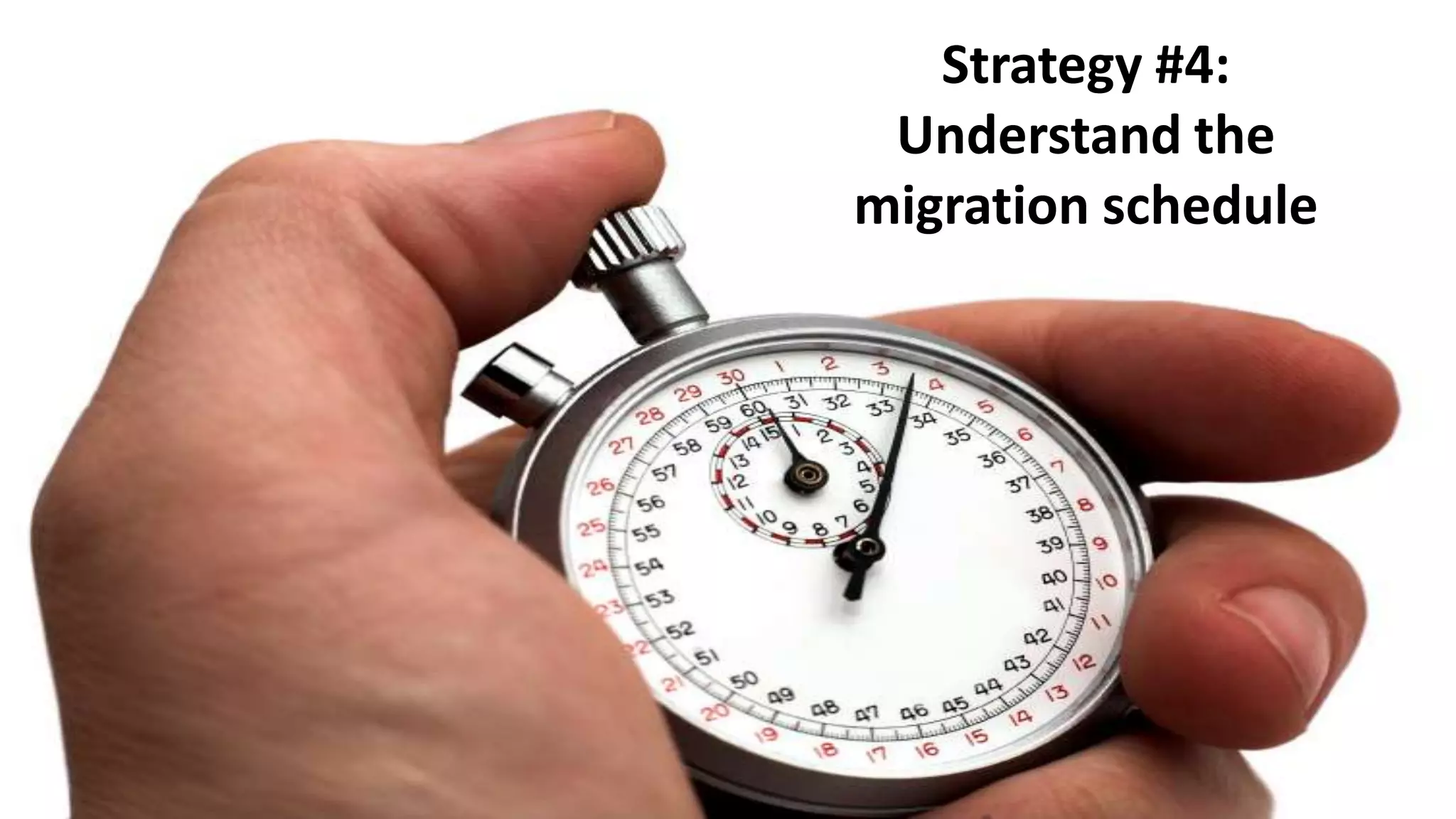 Strategy #4:
              Understand the
             migration schedule




10/19/2011                        32
 