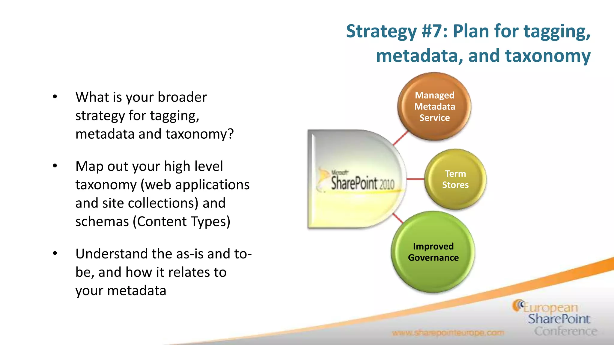 Strategy #7: Plan for tagging,
                                       metadata, and taxonomy
•   What is your broader                   Managed
                                           Metadata
    strategy for tagging,                   Service
    metadata and taxonomy?

•   Map out your high level                      Term
    taxonomy (web applications                  Stores
    and site collections) and
    schemas (Content Types)
                                           Improved
•   Understand the as-is and to-          Governance
    be, and how it relates to
    your metadata
 
