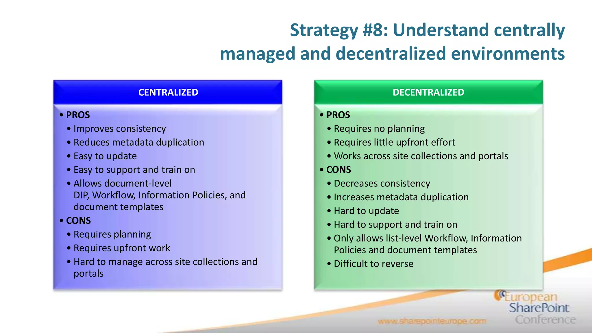 Strategy #8: Understand centrally
                                     managed and decentralized environments
                  CENTRALIZED                                     DECENTRALIZED

• PROS                                           • PROS
  • Improves consistency                           • Requires no planning
  • Reduces metadata duplication                   • Requires little upfront effort
  • Easy to update                                 • Works across site collections and portals
  • Easy to support and train on                 • CONS
  • Allows document-level                          • Decreases consistency
    DIP, Workflow, Information Policies, and       • Increases metadata duplication
    document templates                             • Hard to update
• CONS                                             • Hard to support and train on
  • Requires planning                              • Only allows list-level Workflow, Information
  • Requires upfront work                            Policies and document templates
  • Hard to manage across site collections and     • Difficult to reverse
    portals
 