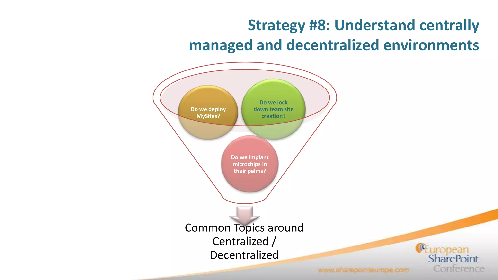 Strategy #8: Understand centrally
managed and decentralized environments


                        Do we lock
Do we deploy          down team site
  MySites?              creation?




               Do we implant
               microchips in
                their palms?




Common Topics around
   Centralized /
   Decentralized
 