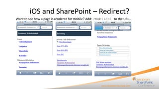 iOS and SharePoint – Redirect? <ul><li>Want to see how a page is rendered for mobile? Add:  ?mobile=1  to the URL… </li></ul>