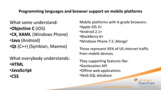 Programming languages and browser support on mobile platforms <ul><li>What some understand: </li></ul><ul><li>Objective C ...