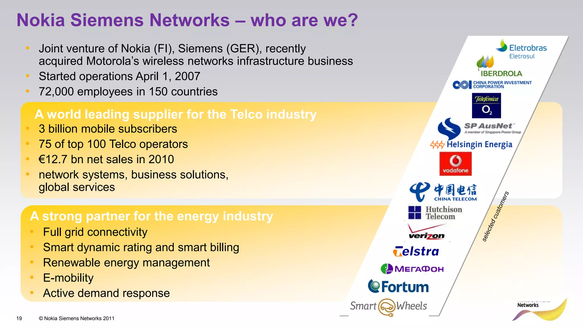 Nokia Siemens Networks – who are we?
     • Joint venture of Nokia (FI), Siemens (GER), recently
       acquired Motorola’s wireless networks infrastructure business
     • Started operations April 1, 2007
     • 72,000 employees in 150 countries
         A world leading supplier for the Telco industry
     •   3 billion mobile subscribers
     •   75 of top 100 Telco operators
     •   €12.7 bn net sales in 2010
     •   network systems, business solutions,
         global services

     A strong partner for the energy industry
     • Full grid connectivity
     • Smart dynamic rating and smart billing
     • Renewable energy management
     • E-mobility
     • Active demand response
19       © Nokia Siemens Networks 2011
 