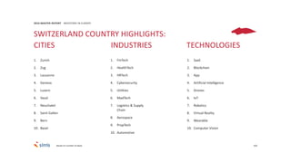 100
1. Zurich
2. Zug
3. Lausanne
4. Geneva
5. Luzern
6. Vaud
7. Neuchatel
8. Saint Gallen
9. Bern
10. Basel
2016 MASTER REPORT INVESTORS IN EUROPE
1. FinTech
2. HealthTech
3. HRTech
4. Cybersecurity
5. Utilities
6. MadTech
7. Logistics & Supply
Chain
8. Aerospace
9. PropTech
10. Automotive
1. SaaS
2. Blockchain
3. App
4. Artificial Intelligence
5. Drones
6. IoT
7. Robotics
8. Virtual Reality
9. Wearable
10. Computer Vision
SWITZERLAND COUNTRY HIGHLIGHTS:
CITIES INDUSTRIES TECHNOLOGIES
Based on number of deals
 