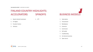 107
1. NewCo Helsinki Accelerator
2. EIT Digital
3. Founders Factory
4. Techstars
2016 MASTER REPORT INVESTORS IN EUROPE
1. VTT 1. Subscription
2. Transactional
3. Marketplace
4. Freemium
5. Commission
6. Ad funded
7. Crowdfunding
8. On demand economy
9. Open Source
FINLAND COUNTRY HIGHLIGHTS:
ACCELERATORS SPINOFFS BUSINESS MODELS
Based on number of deals
 