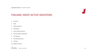 108
2016 MASTER REPORT INVESTORS IN EUROPE
FINLAND: MOST ACTIVE INVESTORS
1. Inventure
2. Tekes
3. Lifeline Ventures
4. OpenOcean
5. Conor Venture Partners
6. Finnish Industry Investment
7. VTT Ventures
8. First Fellow Partners
9. Finnvera
10. Reaktor Ventures
Deals of minimal € 750K
 