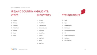 112
1. Dublin
2. Galway
3. Dundalk
4. Waterford
5. Kildare
6. Cork
7. Mayo
2016 MASTER REPORT INVESTORS IN EUROPE
1. FinTech
2. HealthTech
3. Cybersecurity
4. Semiconductors
5. FoodTech
6. MediaTech
7. EdTech
8. LegalTech
9. Retail
10. MadTech
1. SaaS
2. App
3. Data Analytics
4. Blockchain
5. Connected Hardware
6. IoT
7. Artificial Intelligence
8. Hardware
9. Virtual Reality
IRELAND COUNTRY HIGHLIGHTS:
CITIES INDUSTRIES TECHNOLOGIES
Based on number of deals
 