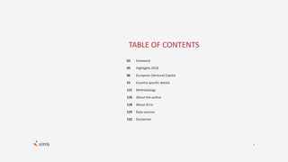 2
03
05
06
55
121
126
128
129
132
Foreword
Highlights 2018
European (Venture) Capital
Country specific details
Methodology
About the author
About Sirris
Data sources
Disclaimer
TABLE OF CONTENTS
 