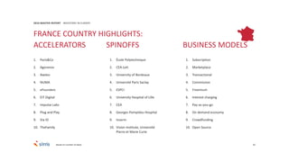 65
1. Paris&Co
2. Agoranov
3. Axeleo
4. NUMA
5. eFounders
6. EIT Digital
7. Impulse Labs
8. Plug and Play
9. Via ID
10. TheFamily
2016 MASTER REPORT INVESTORS IN EUROPE
1. École Polytechnique
2. CEA-Leti
3. University of Bordeaux
4. Université Paris Saclay
5. ESPCI
6. University Hospital of Lille
7. CEA
8. Georges Pompidou Hospital
9. Inserm
10. Vision Institute, Université
Pierre et Marie Curie
1. Subscription
2. Marketplace
3. Transactional
4. Commission
5. Freemium
6. Interest charging
7. Pay-as-you-go
8. On demand economy
9. Crowdfunding
10. Open Source
FRANCE COUNTRY HIGHLIGHTS:
ACCELERATORS SPINOFFS BUSINESS MODELS
Based on number of deals
 
