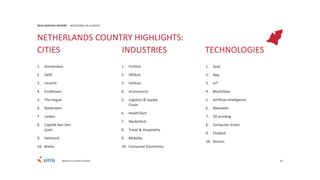 82
1. Amsterdam
2. Delft
3. Utrecht
4. Eindhoven
5. The Hague
6. Rotterdam
7. Leiden
8. Capelle Aan Den
Ijssel
9. Helmond
10. Breda
2016 MASTER REPORT INVESTORS IN EUROPE
1. FinTech
2. HRTech
3. Utilities
4. eCommerce
5. Logistics & Supply
Chain
6. HealthTech
7. MediaTech
8. Travel & Hospitality
9. Mobility
10. Consumer Electronics
1. SaaS
2. App
3. IoT
4. Blockchain
5. Artificial Intelligence
6. Wearable
7. 3D printing
8. Computer Vision
9. Chatbot
10. Drones
NETHERLANDS COUNTRY HIGHLIGHTS:
CITIES INDUSTRIES TECHNOLOGIES
Based on number of deals
 