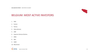 90
2016 MASTER REPORT INVESTORS IN EUROPE
BELGIUM: MOST ACTIVE INVESTORS
1. PMV
2. Fortino
3. Pamica
4. Volta Ventures
5. LRM
6. Capricorn Venture Partners
7. SRIW
8. Qbic
9. GIMV
10. MeusInvest
Deals of minimal € 750K
 