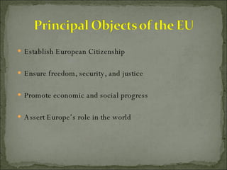 Establish European Citizenship Ensure freedom, security, and justice Promote economic and social progress Assert Europe’s role in the world 