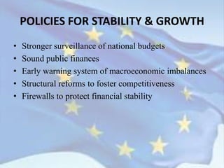 • Stronger surveillance of national budgets
• Sound public finances
• Early warning system of macroeconomic imbalances
• Structural reforms to foster competitiveness
• Firewalls to protect financial stability
POLICIES FOR STABILITY & GROWTH
 