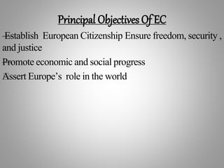Principal Objectives Of EC
—Establish European Citizenship Ensure freedom, security ,
and justice
—Promote economic and social progress
—Assert Europe’s role in the world
 