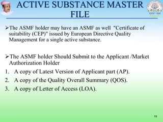 ACTIVE SUBSTANCE MASTER
FILE
The ASMF holder may have an ASMF as well "Certificate of
suitability (CEP)" issued by European Directive Quality
Management for a single active substance.
The ASMF holder Should Submit to the Applicant /Market
Authorization Holder
1. A copy of Latest Version of Applicant part (AP).
2. A copy of the Quality Overall Summary (QOS).
3. A copy of Letter of Access (LOA).
19
 