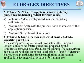 EUDRALEX DIRECTIVES
2. Volume 2- Notice to Applicants and regulatory
guidelines medicinal product for human use.
a) Volume 2A deals with procedures for marketing
authorization.
b) Volume 2B deals with the presentation and content of the
application dossier.
c) Volume 2C deals with Guidelines
3. Volume 3- Guidelines for medicinal product –EMA
scientific guidelines
"The rules governing medicinal products in the European
Union" contains scientific guidelines prepared by the
Committee for Medicinal Products for Human Use (CHMP) in
consultation with the competent authorities of the EU Member
States, to help applicants prepare marketing-authorization
applications for medicinal products for human use.
33
 