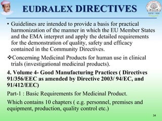 EUDRALEX DIRECTIVES
• Guidelines are intended to provide a basis for practical
harmonization of the manner in which the EU Member States
and the EMA interpret and apply the detailed requirements
for the demonstration of quality, safety and efficacy
contained in the Community Directives.
Concerning Medicinal Products for human use in clinical
trials (investigational medicinal products).
4. Volume 4- Good Manufacturing Practices ( Directives
91/356/EEC as amended by Directive 2003/ 94/EC, and
91/412/EEC)
Part-1 : Basic Requirements for Medicinal Product.
Which contains 10 chapters ( e.g. personnel, premises and
equipment, production, quality control etc.)
34
 