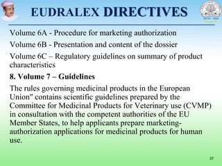 EUDRALEX DIRECTIVES
Volume 6A - Procedure for marketing authorization
Volume 6B - Presentation and content of the dossier
Volume 6C – Regulatory guidelines on summary of product
characteristics
8. Volume 7 – Guidelines
The rules governing medicinal products in the European
Union" contains scientific guidelines prepared by the
Committee for Medicinal Products for Veterinary use (CVMP)
in consultation with the competent authorities of the EU
Member States, to help applicants prepare marketing-
authorization applications for medicinal products for human
use.
37
 