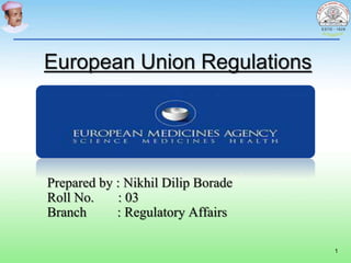 1
Prepared by : Nikhil Dilip Borade
Roll No. : 03
Branch : Regulatory Affairs
European Union Regulations
 