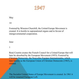 May

14

Fostered by Winston Churchill, the United Europe Movement is
created. It is hostile to supranational organs and in favour of
intergovernmental cooperation.


June

1

René Courtin creates the French Council for a United Europe that will
later be absorbed by the European Movement (1953). Fostered by
Christian Democrats, the Nouvelles Equipes Internationales, which
later known as the European Union of Christian Democrats (1965), is
created.

3

The Socialist United States of Europe Movement is created. In 1961 it
will be renamed European Left.
 