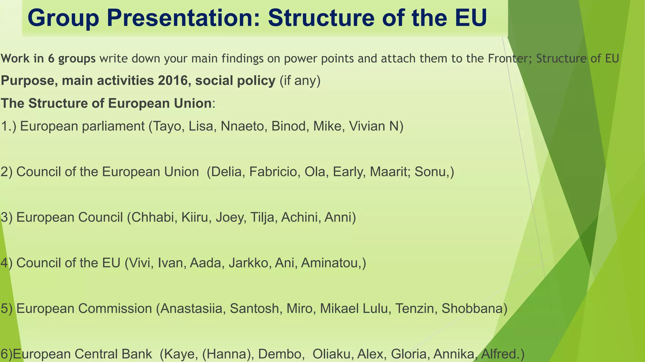 Group Presentation: Structure of the EU
Work in 6 groups write down your main findings on power points and attach them to the Fronter; Structure of EU
Purpose, main activities 2016, social policy (if any)
The Structure of European Union:
1.) European parliament (Tayo, Lisa, Nnaeto, Binod, Mike, Vivian N)
2) Council of the European Union (Delia, Fabricio, Ola, Early, Maarit; Sonu,)
3) European Council (Chhabi, Kiiru, Joey, Tilja, Achini, Anni)
4) Council of the EU (Vivi, Ivan, Aada, Jarkko, Ani, Aminatou,)
5) European Commission (Anastasiia, Santosh, Miro, Mikael Lulu, Tenzin, Shobbana)
6)European Central Bank (Kaye, (Hanna), Dembo, Oliaku, Alex, Gloria, Annika, Alfred.)