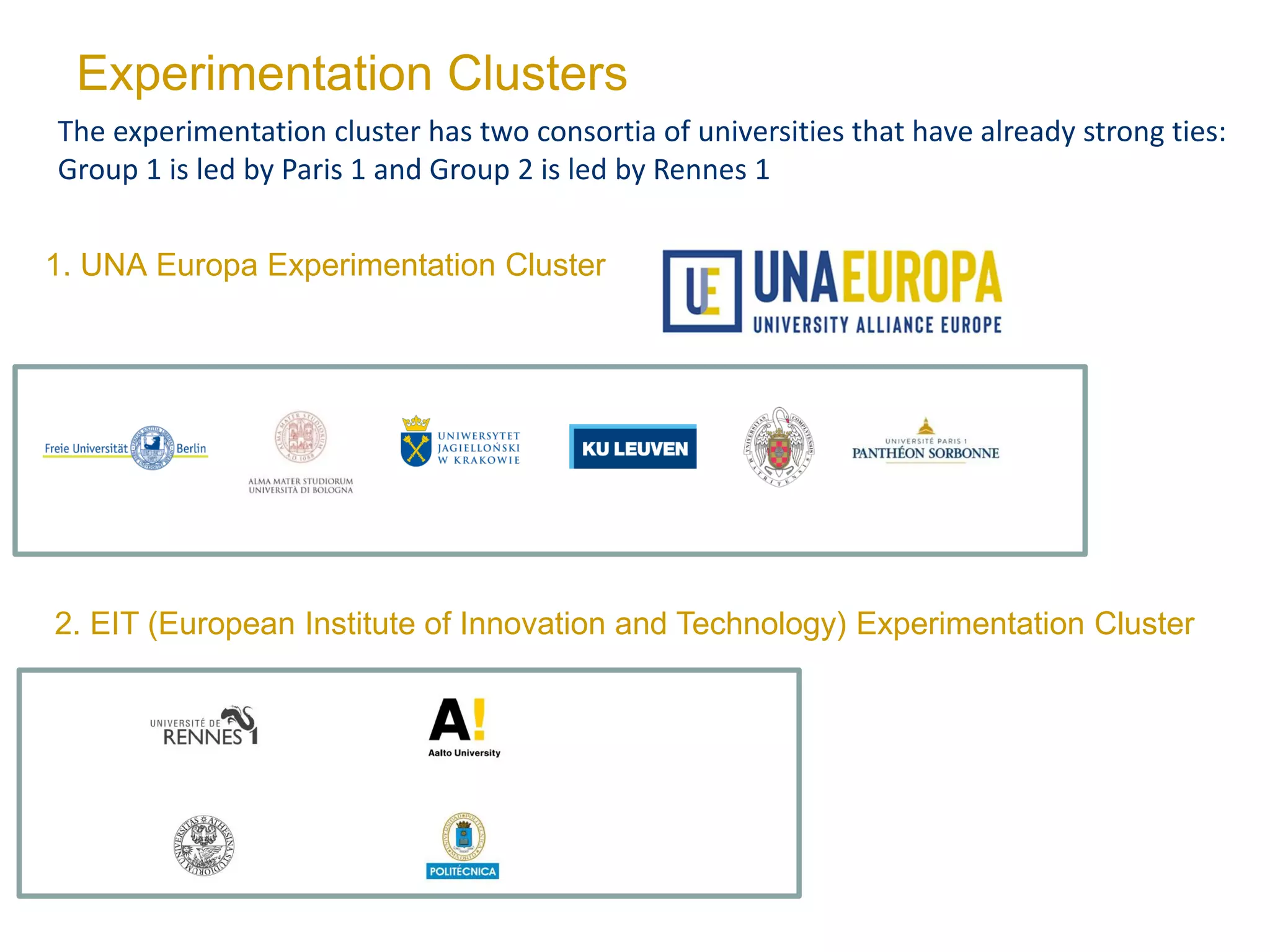 Experimentation Clusters
1. UNA Europa Experimentation Cluster
2. EIT (European Institute of Innovation and Technology) Experimentation Cluster
The experimentation cluster has two consortia of universities that have already strong ties:
Group 1 is led by Paris 1 and Group 2 is led by Rennes 1
 