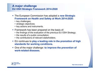 http://osha.europa.eu 
2 
A major challenge 
EU OSH Strategic Framework 2014-2020 
 The European Commission has adopted a new Strategic 
Framework on Health and Safety at Work 2014-2020: 
• key challenges; 
• strategic objectives; 
• key actions and instruments. 
 Framework has been prepared on the basis of: 
• the findings of the evaluation of the previous EU OSH Strategy; 
• the results of a public consultation; 
• the contributions of relevant stakeholders. 
 EU continues to play a leading role in the promotion of high 
standards for working conditions. 
 One of the major challenge: to improve the prevention of 
work-related diseases. 
 