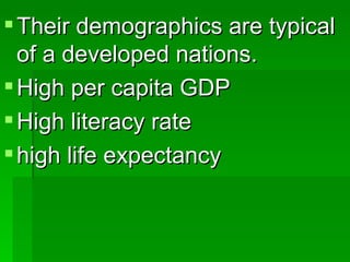 Their demographics are typical of a developed nations. High per capita GDP High literacy rate high life expectancy   