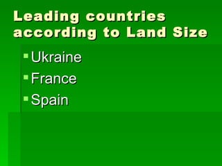 Leading countries according to Land Size Ukraine France Spain 