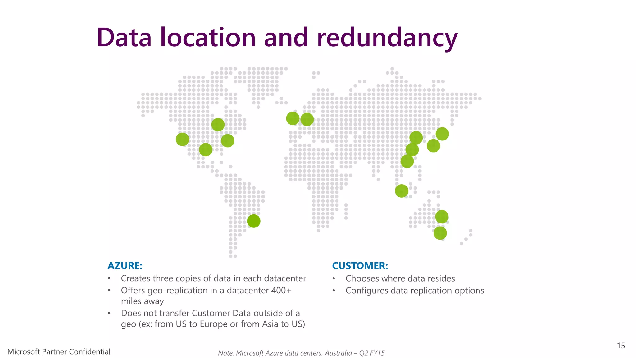 Data location and redundancy
Note: Microsoft Azure data centers, Australia – Q2 FY15
AZURE:
• Creates three copies of data in each datacenter
• Offers geo-replication in a datacenter 400+
miles away
• Does not transfer Customer Data outside of a
geo (ex: from US to Europe or from Asia to US)
15
Microsoft Partner Confidential
CUSTOMER:
• Chooses where data resides
• Configures data replication options
 
