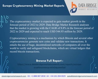 databridgemarketresearch.com US : +1-888-387-2818 UK : +44-161-394-0625 sales@databridgemarketresearch.com
1
Europe Cryptocurrency Mining Market Reports
The cryptocurrency market is expected to gain market growth in the
forecast period of 2022 to 2029. Data Bridge Market Research analyses
that the market is growing with the CAGR of 8.8% in the forecast period of
2022 to 2029 and expected to reach USD 544.93 million by 2029.
Cryptocurrency mining is a mechanism by which Bitcoin and several other
cryptocurrencies generate new coins and validate new transactions. It
entails the use of huge, decentralized networks of computers all over the
world to verify and safeguard blockchains, which are virtual ledgers that
record bitcoin transactions.
Browse Full Report :
https://www.databridgemarketresearch.com/reports/europe-
cryptocurrency-mining-market
 
