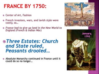  Center of Art, Fashion
 French invasions, wars, and lavish style were
costly, so…
 France had to give up land in the New World to
England (French & Indian War)
Three Estates: Church
and State ruled,
Peasants drooled…
 Absolute Monarchy continued in France until it
could do so no longer…
 