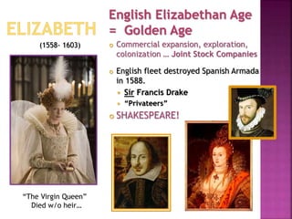 English Elizabethan Age
= Golden Age
 Commercial expansion, exploration,
colonization … Joint Stock Companies
 English fleet destroyed Spanish Armada
in 1588.
 Sir Francis Drake
 “Privateers”
 SHAKESPEARE!
(1558- 1603)
“The Virgin Queen”
Died w/o heir…
 