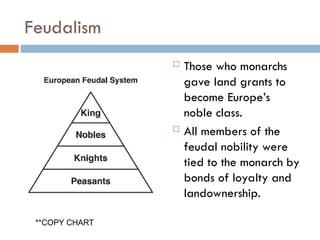 Feudalism
 Those who monarchs
gave land grants to
become Europe’s
noble class.
 All members of the
feudal nobility were
tied to the monarch by
bonds of loyalty and
landownership.
**COPY CHART
 