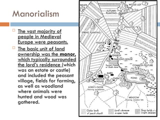 Manorialism
 The vast majority of
people in Medieval
Europe were peasants.
 The basic unit of land
ownership was the manor,
which typically surrounded
the lord’s residence (which
was an estate or castle)
and included the peasant
village, fields for farming,
as well as woodland
where animals were
hunted and wood was
gathered.
 