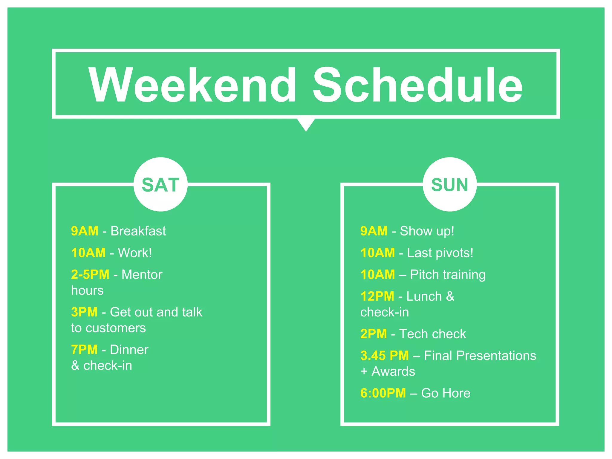 Weekend Schedule 
SAT SUN 
9AM - Breakfast 
10AM - Work! 
2-5PM - Mentor 
hours 
3PM - Get out and talk 
to customers 
7PM - Dinner 
& check-in 
9AM - Show up! 
10AM - Last pivots! 
10AM – Pitch training 
12PM - Lunch & 
check-in 
2PM - Tech check 
3.45 PM – Final Presentations 
+ Awards 
6:00PM – Go Hore 
 