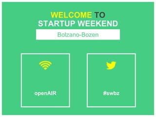 WELCOME TO 
STARTUP WEEKEND 
Bolzano-Bozen 
openAIR #swbz 
 