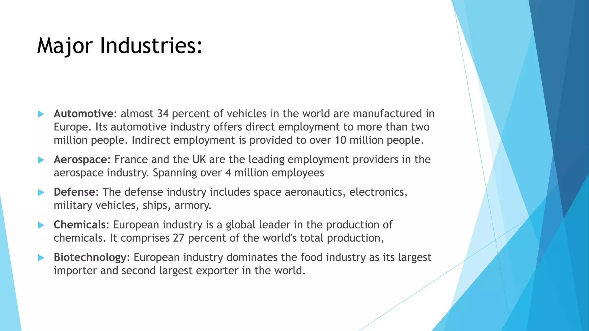 Major Industries:
 Automotive: almost 34 percent of vehicles in the world are manufactured in
Europe. Its automotive industry offers direct employment to more than two
million people. Indirect employment is provided to over 10 million people.
 Aerospace: France and the UK are the leading employment providers in the
aerospace industry. Spanning over 4 million employees
 Defense: The defense industry includes space aeronautics, electronics,
military vehicles, ships, armory.
 Chemicals: European industry is a global leader in the production of
chemicals. It comprises 27 percent of the world's total production,
 Biotechnology: European industry dominates the food industry as its largest
importer and second largest exporter in the world.
 