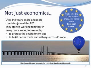 Not just economics…
12
That's why the
EEC decided to
change its name
to the
'European
Union'.
The Øresund Bridge, completed in 1999, links Sweden and Denmark.
Over the years, more and more
countries joined the EEC.
They started working together in
many more areas, for example,
• to protect the environment and
• to build better roads and railways across Europe.
 