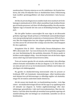 11	
  
	
  
	
  
hade	
  medfört	
  spridningseffekter	
  och	
  ökad	
  arbetslöshet	
  i	
  hela	
  Eurozo-­‐‑
nen.	
  
Att	
  låta	
  de	
  privata	
  långivarna	
  ta	
  smällen	
  hade	
  även	
  inneburit	
  att	
  Grek-­‐‑
land	
  gjort	
  statsbankrutt	
  år	
  2010,	
  vilket	
  omedelbart	
  hade	
  drabbat	
  förmå-­‐‑
gan	
  att	
  betala	
  pensioner	
  och	
  löner	
  till	
  offentliganställda.	
  Om	
  alla	
  omstän-­‐‑
digheter	
  vägs	
  in	
  framstår	
  det	
  inte	
  som	
  en	
  fördelaktig	
  lösning	
  för	
  någon	
  
part.	
  
När	
  det	
  gäller	
  bankers	
  oansvarighet	
  får	
  man	
  väga	
  in	
  att	
  dåvarande	
  
grekiska	
  regeringar	
  lånade	
  på	
  basis	
  av	
  förfalskade	
  nationalräkenskaper	
  
som	
  utan	
  granskning	
  hade	
  accepterats	
  av	
  kommissionen,	
  ECB	
  och	
  Euro-­‐‑
stat.	
  Mot	
  den	
  bakgrunden	
  kan	
  inte	
  tidigare	
  grekiska	
  regeringar	
  friskri-­‐‑
vas	
  från	
  ansvar	
  för	
  att	
  krisen	
  blev	
  så	
  djup	
  som	
  den	
  blev;	
  dock	
  knappast	
  
för	
  dess	
  uppkomst.	
  
Krispaketet	
   från	
   år	
   2010	
   –	
   ibland	
   kallat	
   Strauss-­‐‑Kahnplanen	
   efter	
  
IMF:s	
  dåvarande	
  chef	
  –	
  har	
  även	
  kritiserats	
  för	
  orealistiska	
  antaganden	
  
om	
  snar	
  återhämtning	
  för	
  den	
  grekiska	
  ekonomin.	
  På	
  denna	
  punkt	
  är	
  
kritiken	
  ovedersägligen	
  riktig	
  –	
  men	
  det	
  betyder	
  inte	
  att	
  det	
  fanns	
  någon	
  
annan	
  enkel	
  väg	
  som	
  hade	
  kunnat	
  leverera	
  detta.	
  
Trots	
  att	
  insatser	
  gjordes	
  för	
  att	
  minska	
  underskottet	
  i	
  den	
  offentliga	
  
sektorn	
  fortsatte	
  statsskulden	
  att	
  öka	
  (se	
  diagram	
  1).	
  År	
  2012	
  blev	
  kri-­‐‑
sen	
  akut	
  på	
  nytt	
  och	
  en	
  ny	
  överenskommelse	
  träffades	
  med	
  trojkan	
  om	
  
ytterligare	
  ett	
  räddningspaket.	
  
Nu	
   gjordes	
   en	
   skuldavskrivning	
   motsvarande	
   cirka	
   tio	
   procent	
   av	
  
Greklands	
   BNP	
   och	
   betydande	
   räntesänkningar,	
   vilket	
   kombinerades	
  
med	
  skärpta	
  krav	
  på	
  åtstramningar	
  av	
  offentliga	
  utgifter	
  och	
  skattehöj-­‐‑
ningar	
  för	
  att	
  statens	
  underskott	
  skulle	
  elimineras.	
  
Att	
  det	
  senare	
  inte	
  kunde	
  ske	
  i	
  en	
  handvändning	
  innebar	
  -­‐‑	
  trots	
  låga	
  
räntor	
  -­‐‑	
  att	
  skuldavskrivningen	
  till	
  stor	
  del	
  åts	
  upp	
  av	
  ny	
  upplåning	
  inom	
  
24	
   månader	
   (se	
   diagram	
   1).	
   Varken	
   utgiftsminskningar	
   eller	
   skat-­‐‑
tehöjningar	
  genomfördes	
  i	
  takt	
  med	
  överenskommelsen.	
  Man	
  kan	
  dis-­‐‑
kutera	
  i	
  vad	
  mån	
  detta	
  berodde	
  på	
  motstånd	
  inom	
  grekisk	
  regering	
  och	
  
statsförvaltning	
  eller	
  om	
  betinget	
  var	
  orealistiskt;	
  sannolikt	
  var	
  det	
  en	
  
kombination.	
  	
  	
  
	
  
 