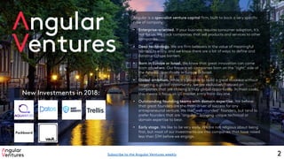 Angular is a specialist venture capital firm, built to back a very specific
type of company:
• Enterprise-oriented. If your business requires consumer adoption, it's
not for us. We back companies that sell products and services to other
companies.
• Deep technology. We are firm believers in the value of meaningful
barriers to entry, and we know there are a lot of ways to define and
construct those barriers.
• Born in Europe or Israel. We know that great innovation can come
from anywhere. Our focus is on companies born on the "right" side of
the Atlantic, specifically in Europe or Israel.
• Global ambition. While it's possible to build a great business without
targeting a global opportunity, we are exclusively focused on
companies that are chasing a truly global opportunity. In most cases,
this means a focus on US market entry from day one.
• Outstanding founding teams with domain expertise. We believe
that great founders are the main driver of success for any
entrepreneurial venture. We like "well-rounded" founders, but tend to
prefer founders that are "angular," bringing unique technical or
domain expertise to bear.
• Early stage. We like to be very early. We are not religious about being
first, but most of our investments are into companies that have raised
less than $1M before we engage.
2Subscribe to the Angular Ventures weekly
New Investments in 2018:
 