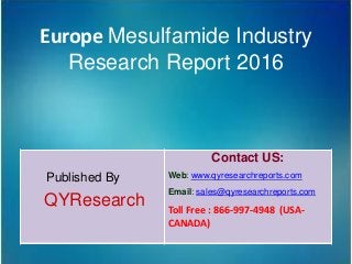 Europe Mesulfamide Industry
Research Report 2016
Published By
QYResearch
Contact US:
Web: www.qyresearchreports.com
Email: sales@qyresearchreports.com
Toll Free : 866-997-4948 (USA-
CANADA)
 