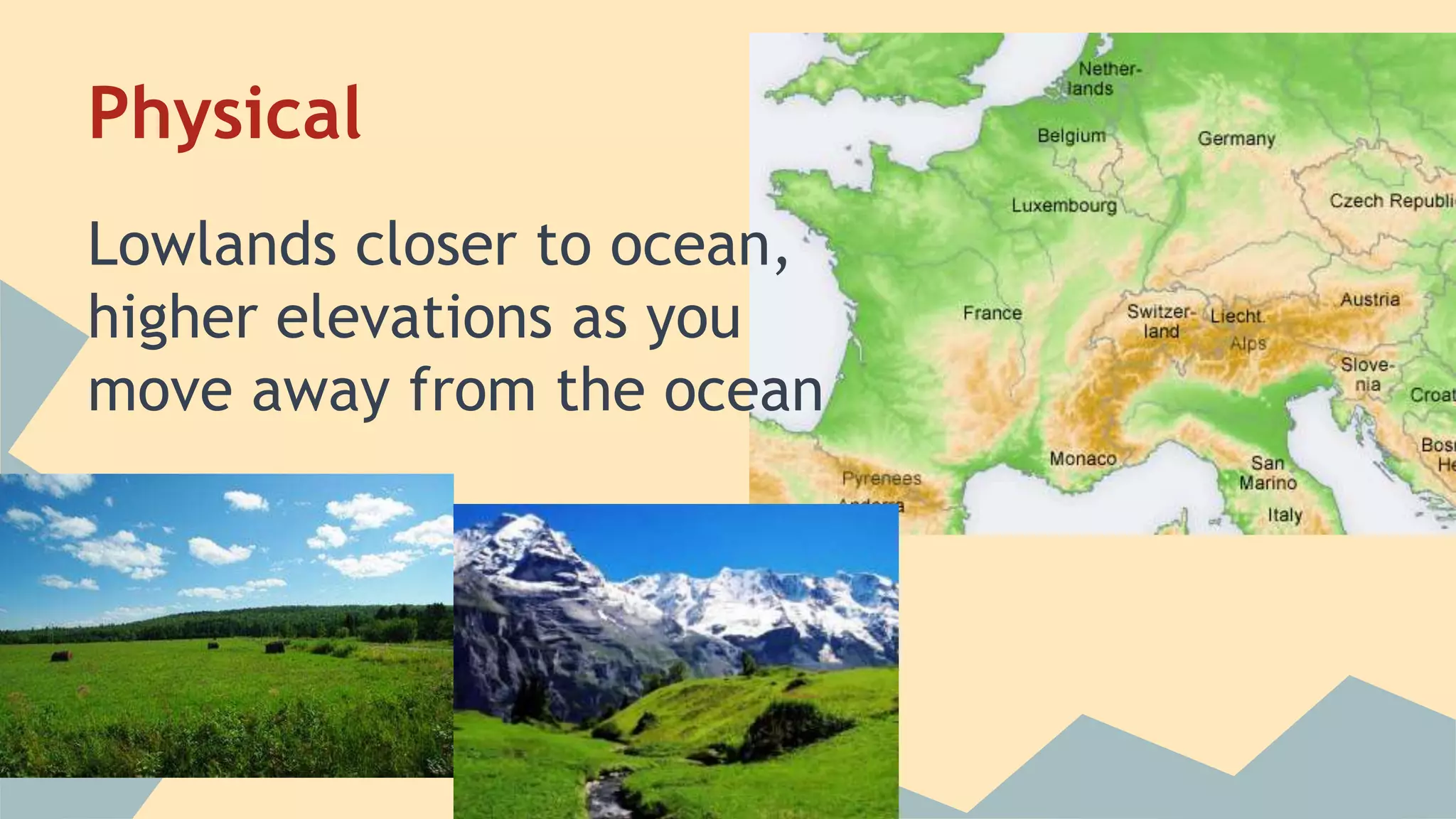 Physical 
Lowlands closer to ocean, 
higher elevations as you 
move away from the ocean 
 