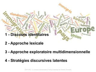 1 - Discours identitaires

2 - Approche lexicale

3 - Approche exploratoire multidimensionnelle

4 - Stratégies discursive...