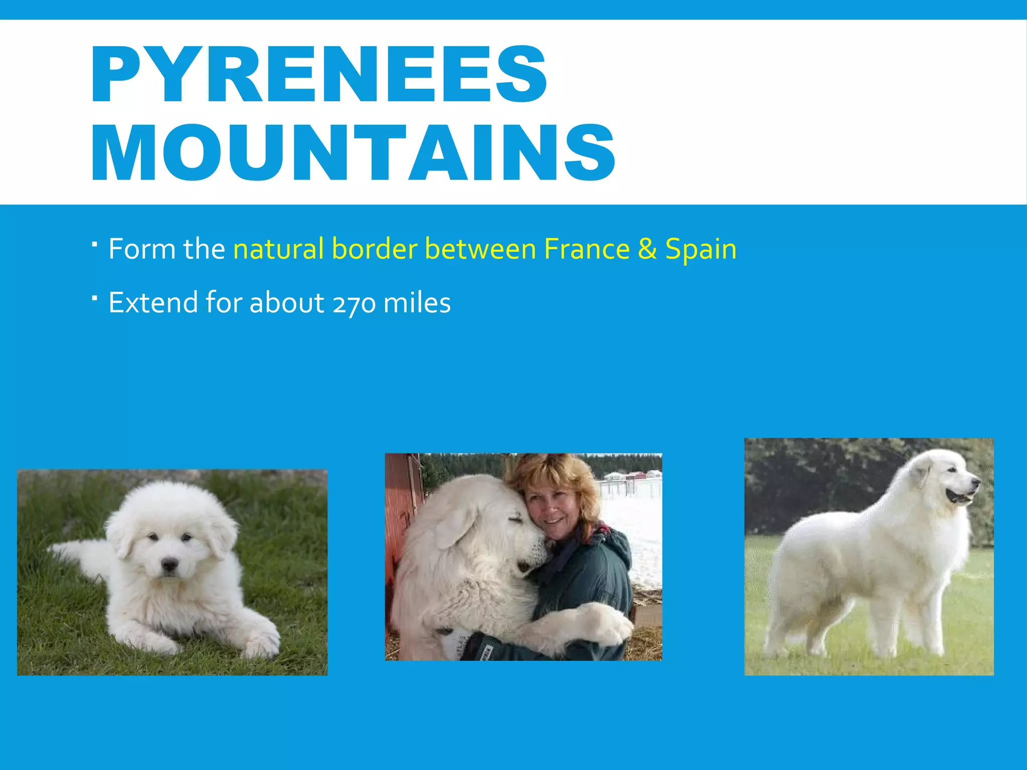 PYRENEES
MOUNTAINS
 Form the natural border between France & Spain
 Extend for about 270 miles
 
